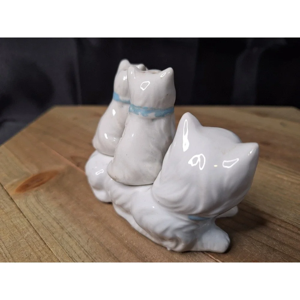 Vintage White Ceramic Cat Family Salt and Pepper Shaker Set Blue Bows 3 Piece